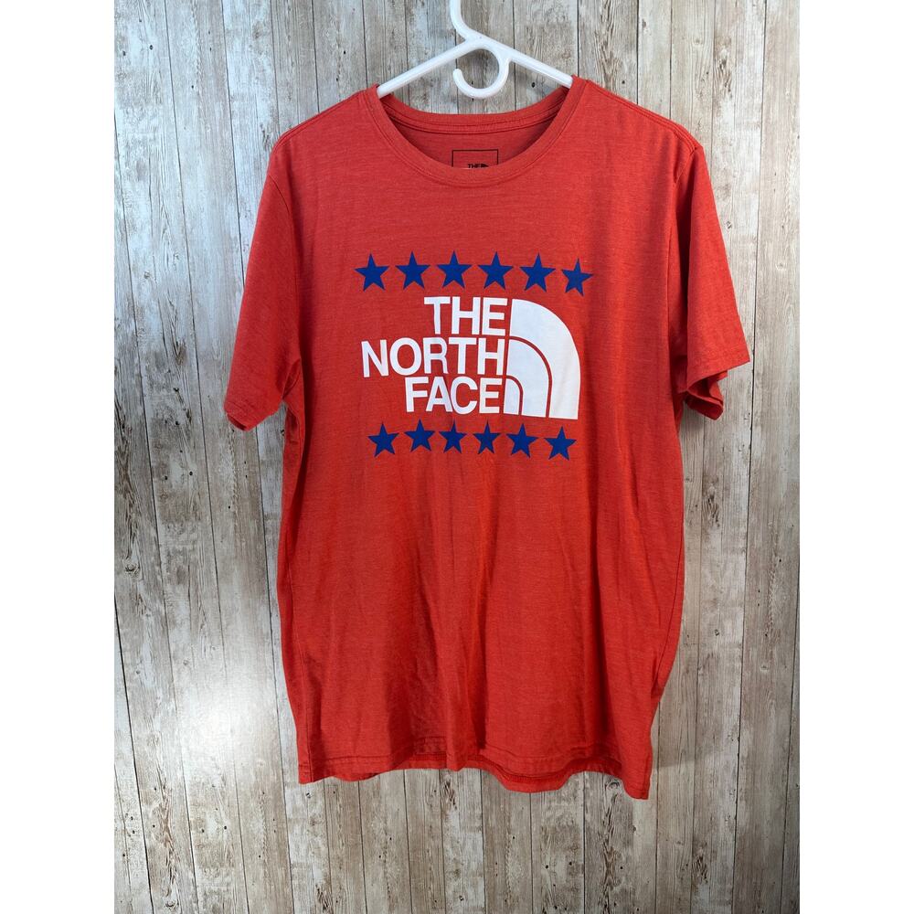 The North Face T-Shirt‎ Mens Large Orange White Stars Spellout TNF Logo Gorpcore
